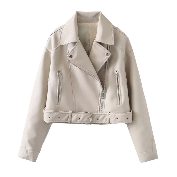 Damen nan kurzer Bikerjacke aus veganem Lederimitat mit asymmetrischem Reißverschluss, Taillengürtel und Schulterklappen Drune