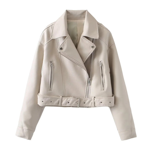 Damen nan kurzer Bikerjacke aus veganem Lederimitat mit asymmetrischem Reißverschluss, Taillengürtel und Schulterklappen Drune
