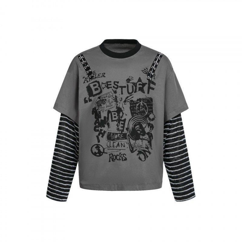 Damen Lagenlook-Longsleeve mit Grafikprint, gestreiften Einsatzärmeln und dekorativen Schulterträgern Drune