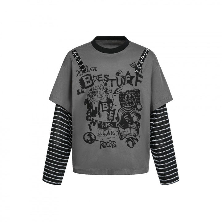 Damen Lagenlook-Longsleeve mit Grafikprint, gestreiften Einsatzärmeln und dekorativen Schulterträgern Drune