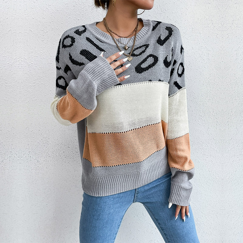 Damen Strickpullover mit Leopardenmuster und Blockstreifen Drune