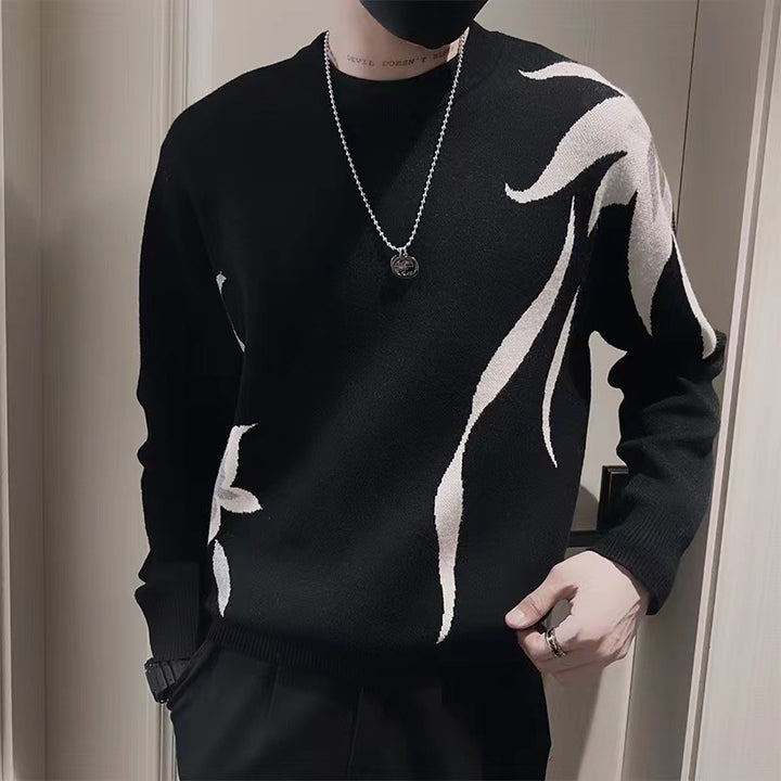 Herren Strickpullover mit abstraktem Flammen‑Jacquard und Rundhalsausschnitt Drune