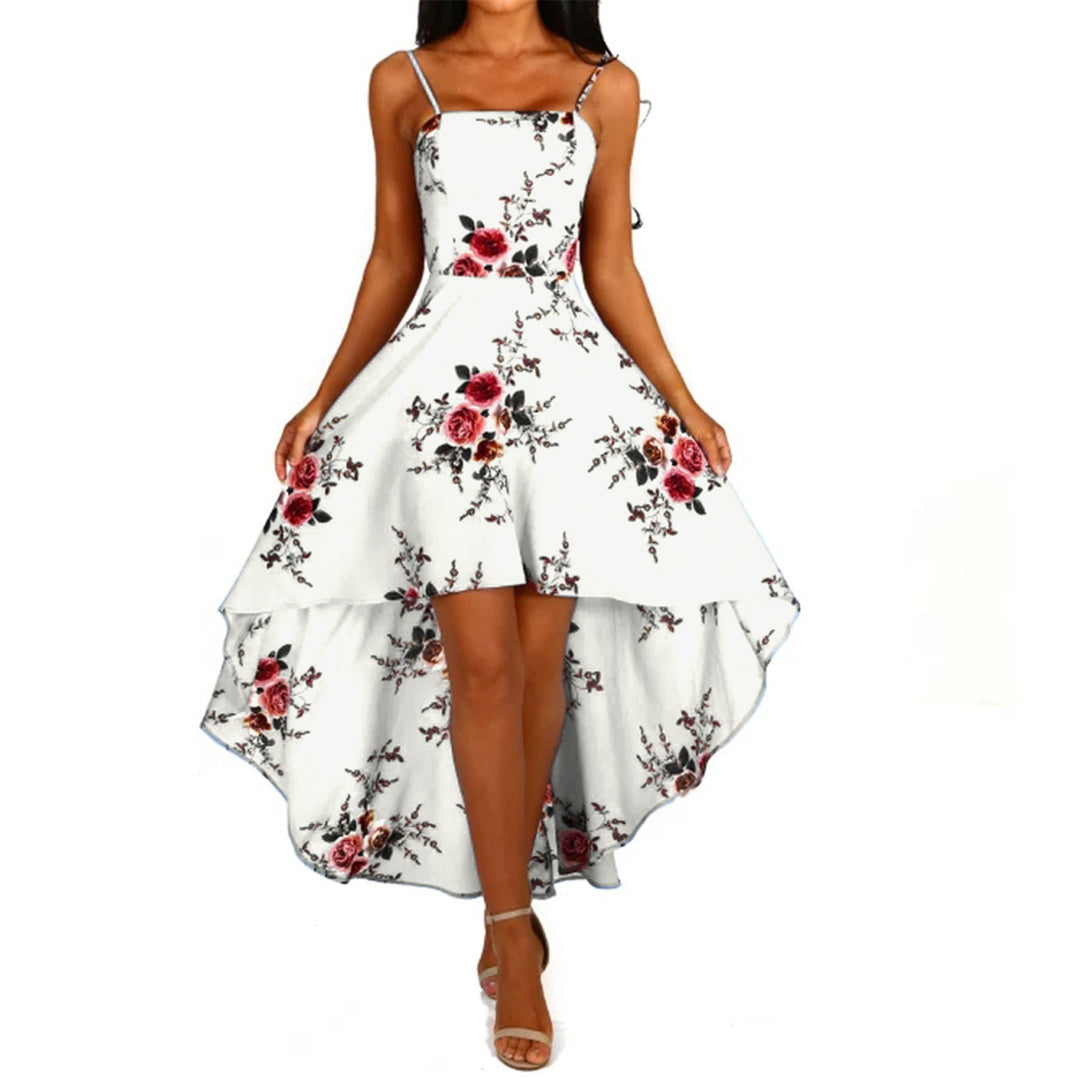 Damen asymmetrisches Blumenkleid mit dekorativen Spaghettiträgern und schwingendem Saum Drune