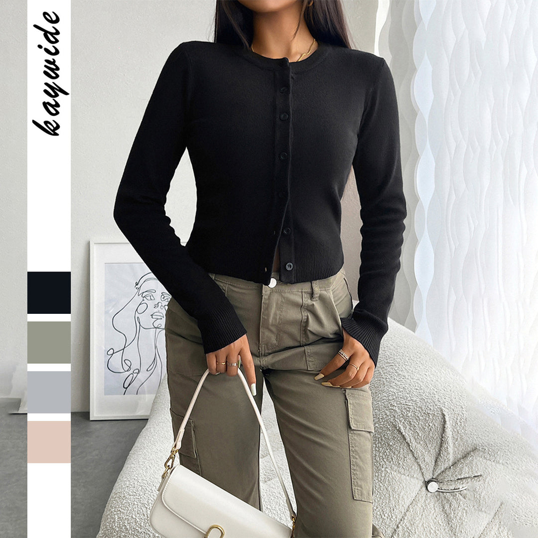 Damen nan taillierter Feinstrick-Cardigan mit Rundhals und Zierknopfleiste Drune