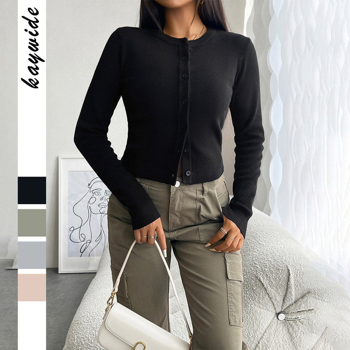 Damen nan taillierter Feinstrick-Cardigan mit Rundhals und Zierknopfleiste Drune