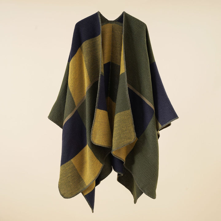 Damen Dreieckiger Strickponcho mit geometrischem Jacquardmuster und Ziernaht Drune