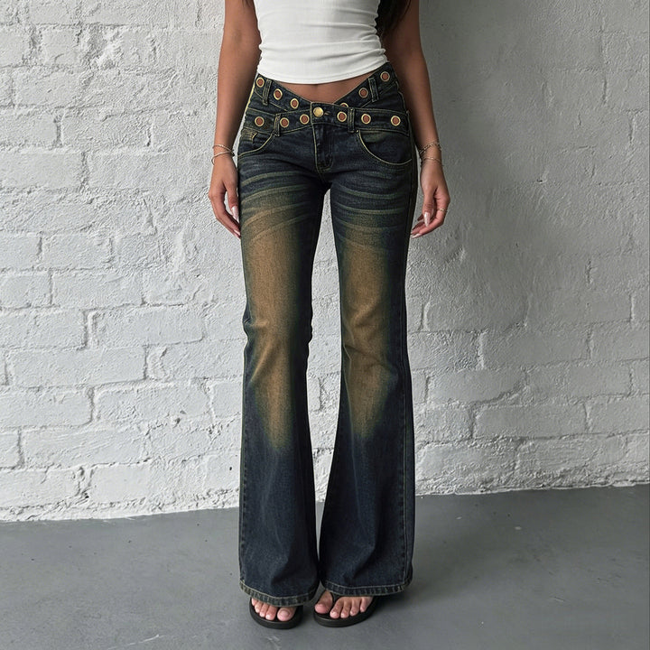 Damen weite Jeans mit modischem Schnitt und einzigartigen Knopfdetails Drune