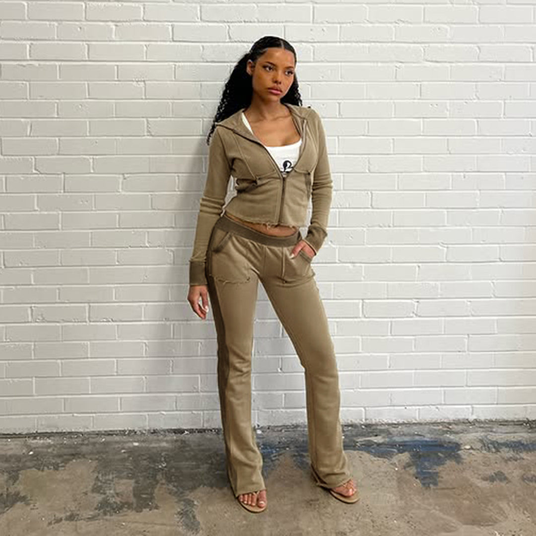 Damen nan Stretch-Flared-Hose mit hoher Taille, aufgesetzten Taschen und seitlichen Einsatzbahnen Drune