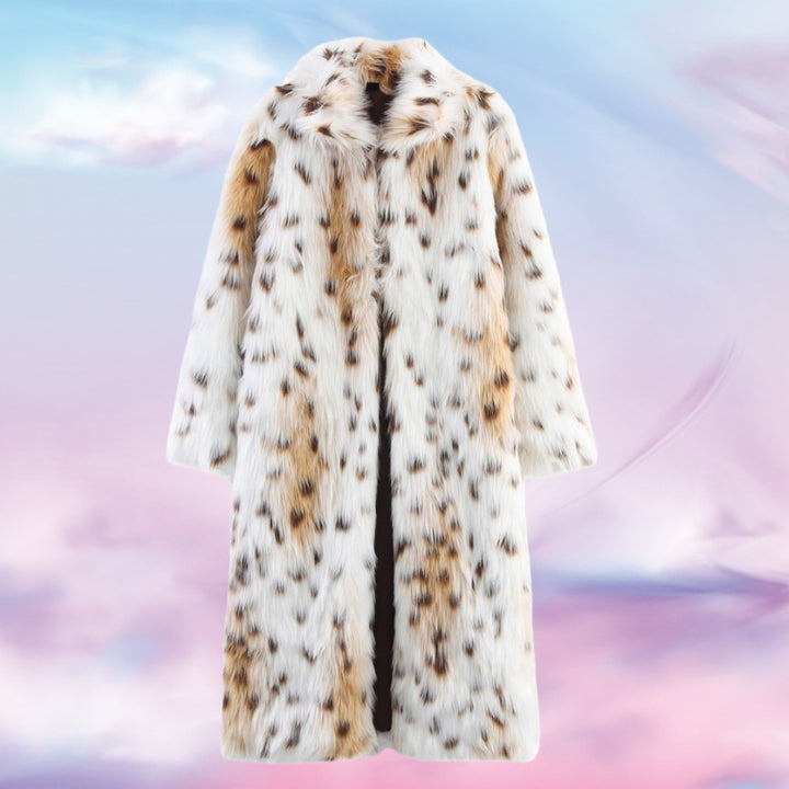 Damen Langer Oversize Kunstfell‑Mantel mit geflecktem Wildkatzenprint und Stehkragen Drune