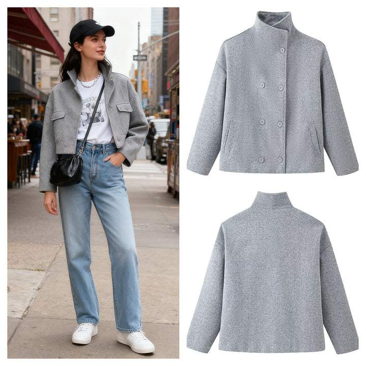 Damen modische Wolljacke mit hohem Kragen und doppelter Knopfleiste Drune