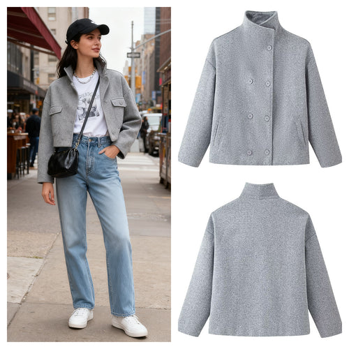 Damen modische Wolljacke mit hohem Kragen und doppelter Knopfleiste Drune
