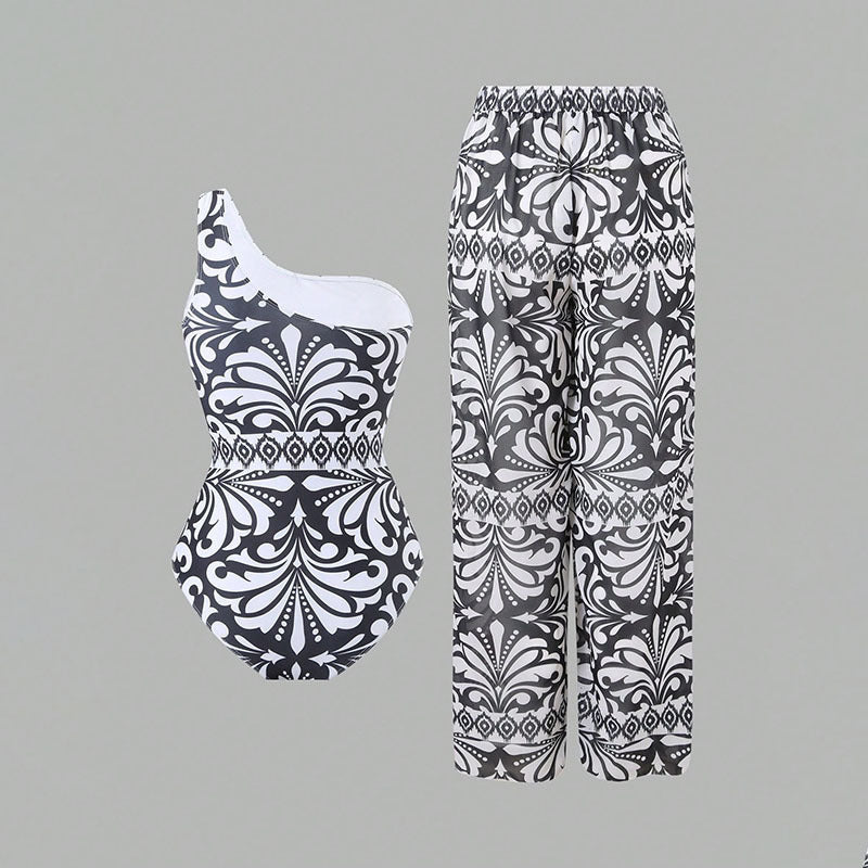 Damen einteiliger Badeanzug mit farbenfrohem Druck und passender Palazzo-Hose Drune