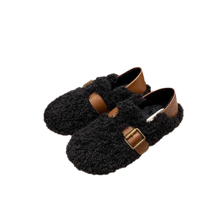 Damen Gefütterte Teddy-Flausch Mules mit verstellbarer Metallschnalle und Fersenriemen Drune