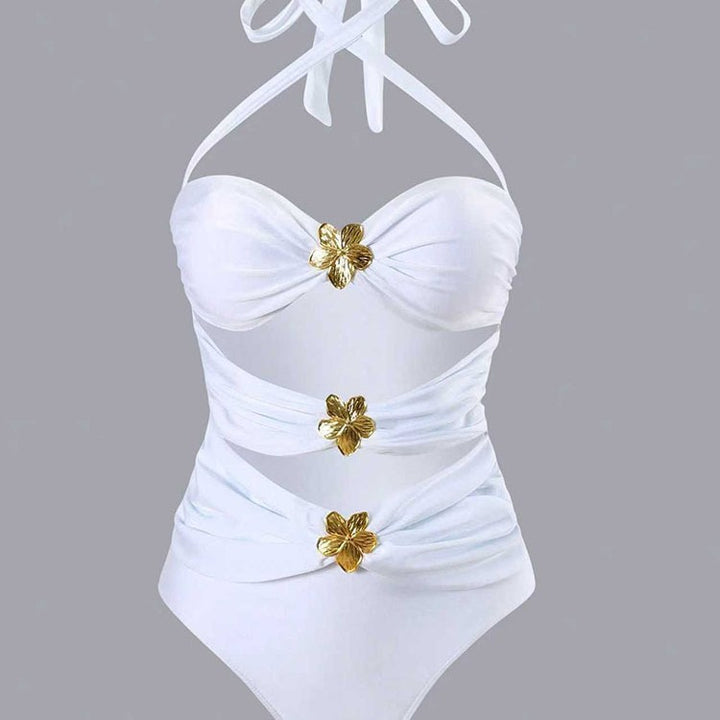 Damen Einteiler Badeanzug mit eleganten Drapierungen und Goldakzenten Drune