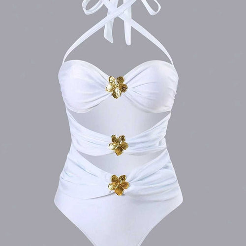 Damen Einteiler Badeanzug mit eleganten Drapierungen und Goldakzenten Drune