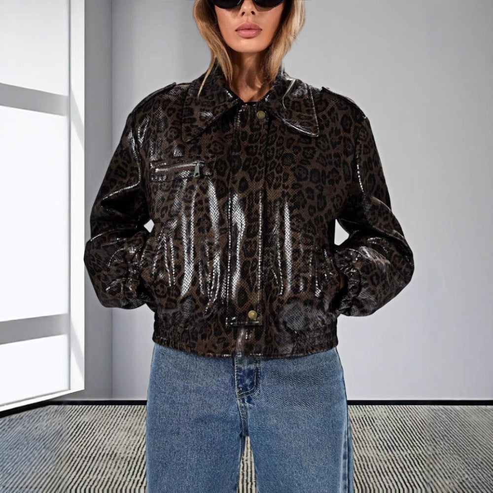 Damen Kunstleder Bikerjacke im Leo-Design Drune