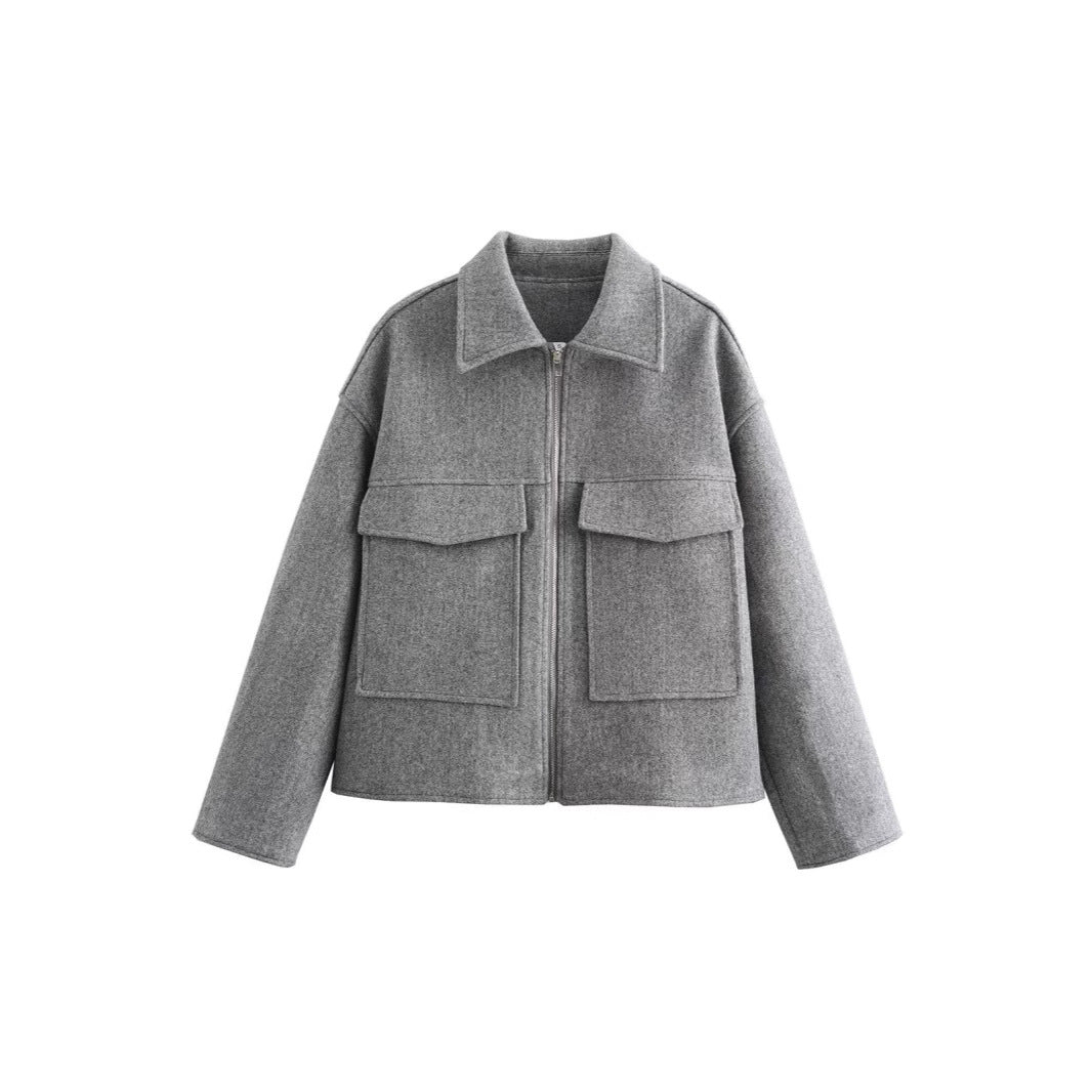 Damen lässige Overshirt-Jacke mit Taschen und Reißverschluss Drune