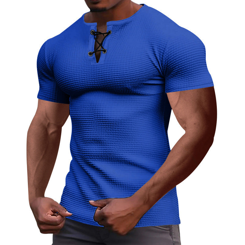 Herren nan Kurzarmshirt mit Schnürkragen, Metallösen und feinem Strukturjersey Drune