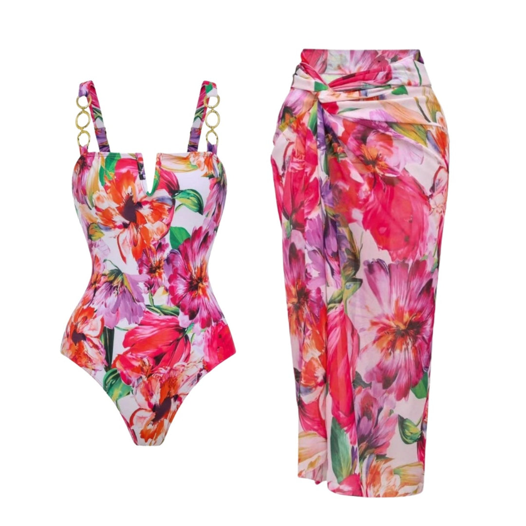 Damen eleganter Badeanzug mit floralem Wickelrock Drune