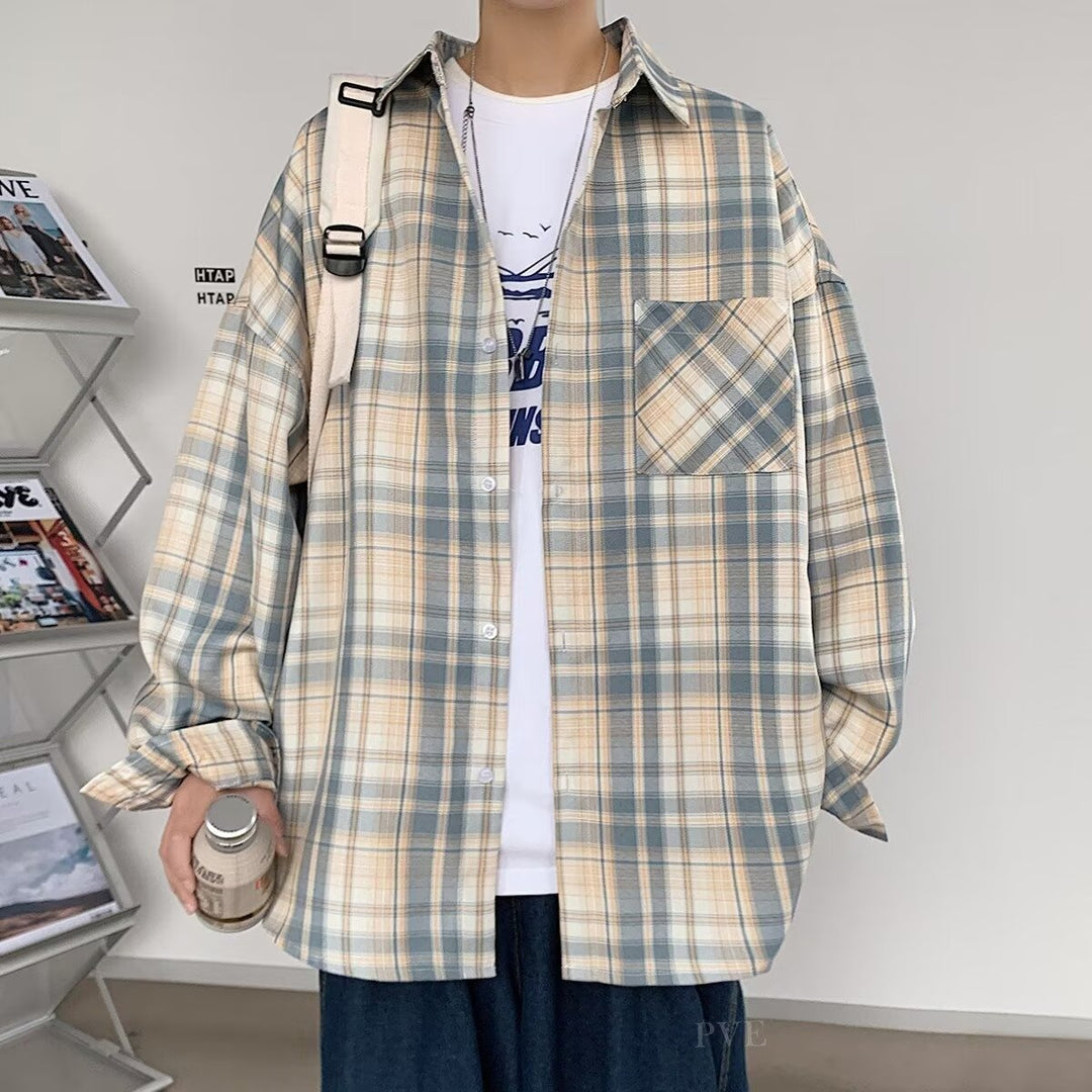 Herren Oversized Karo-Flanellhemd mit Brusttasche und Drop-Shoulder Drune