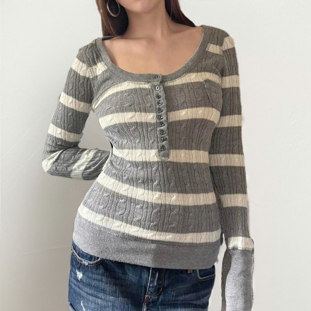 Damen Gestreifter Feinstrick-Pullover mit Zopfmuster und Knopfleiste Drune