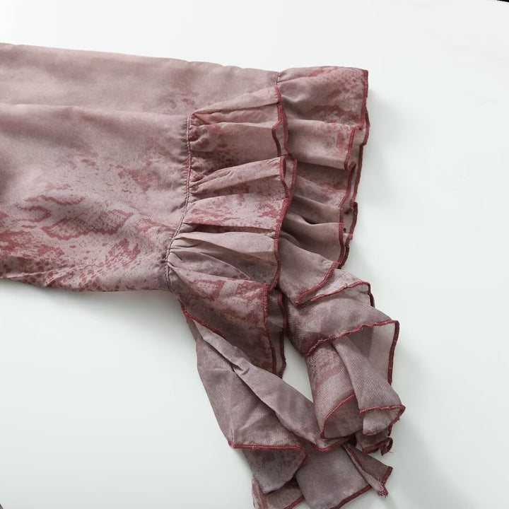Damen Chiffonbluse mit Rüschenkragen, Volantärmeln und dekorativer Schnürung Drune