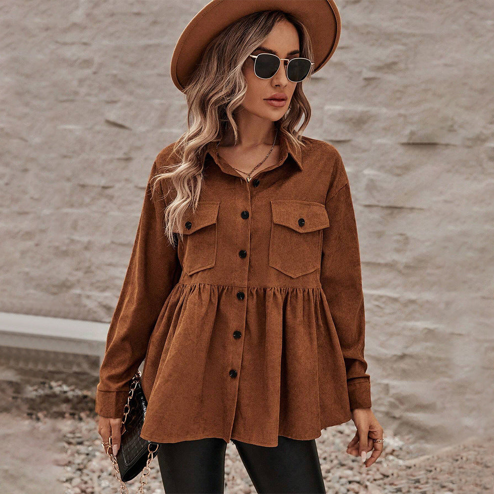 Damen Cord-Peplum-Bluse mit Hemdkragen aufgesetzten Brusttaschen und durchgehender Knopfleiste Drune