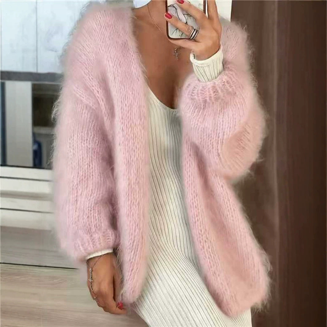 Damen Flauschiger Oversize Mohair-Optik Cardigan mit offenem Schnitt und Ballonärmeln Drune