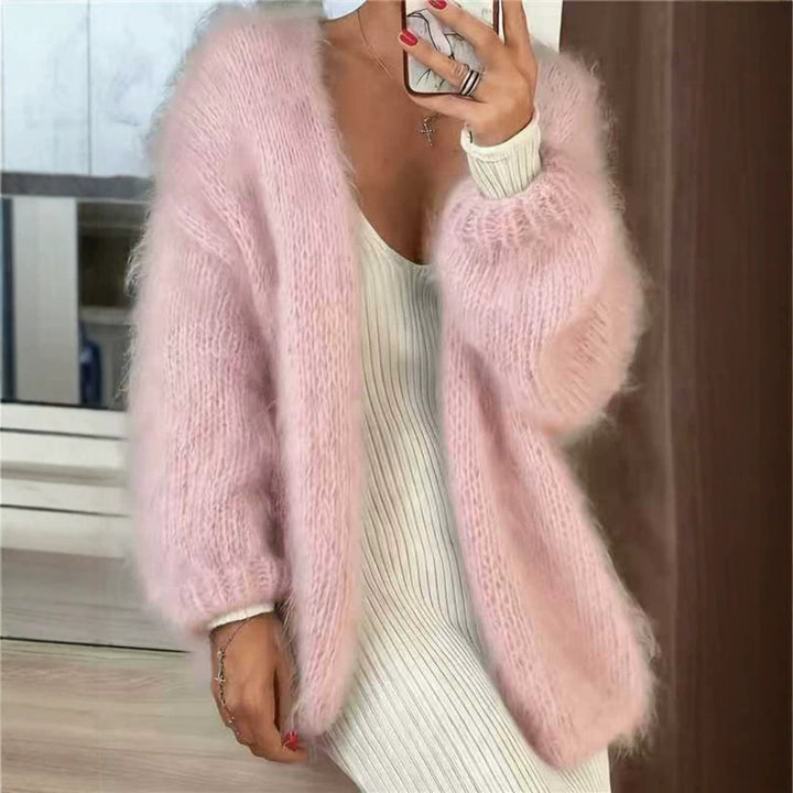 Damen Flauschiger Oversize Mohair-Optik Cardigan mit offenem Schnitt und Ballonärmeln Drune