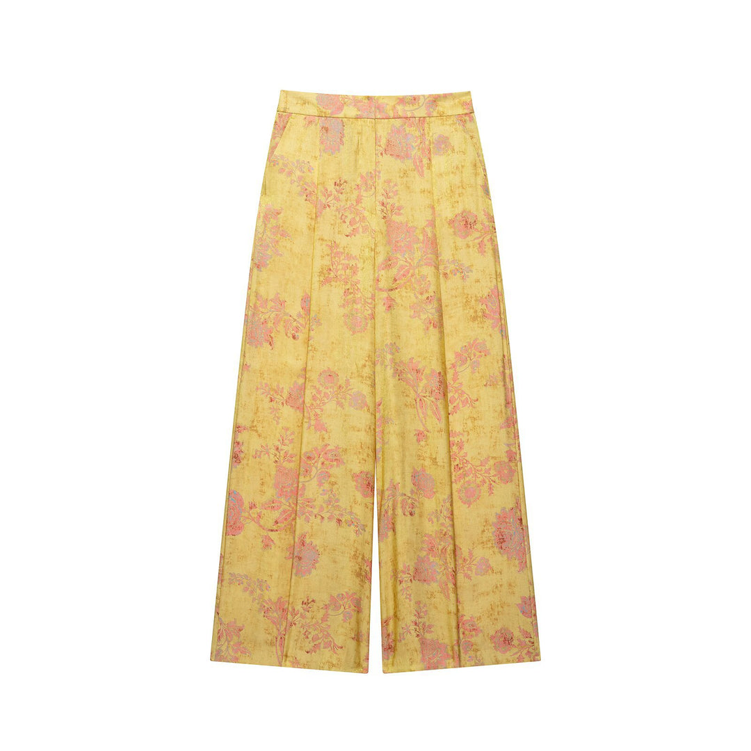 Damen Weite High‑Waist Jacquard-Hose mit floralem Brokatmuster Drune
