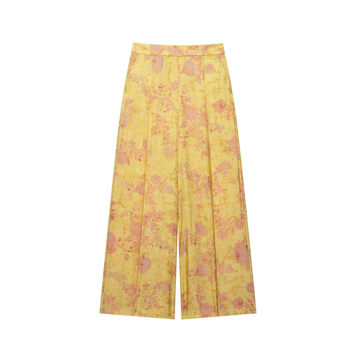 Damen Weite High‑Waist Jacquard-Hose mit floralem Brokatmuster Drune