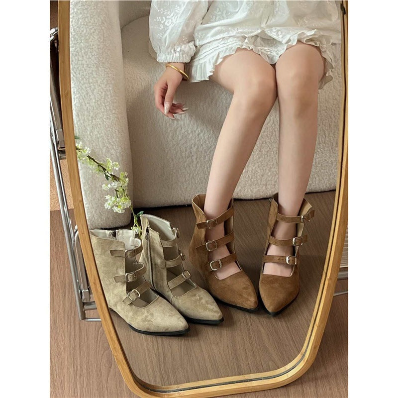 Damen spitz zulaufende Ankle-Boots mit Veloursoptik, vier verstellbaren Riemchen und niedrigem Absatz Drune