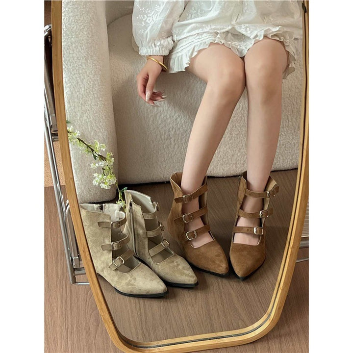 Damen spitz zulaufende Ankle-Boots mit Veloursoptik, vier verstellbaren Riemchen und niedrigem Absatz Drune