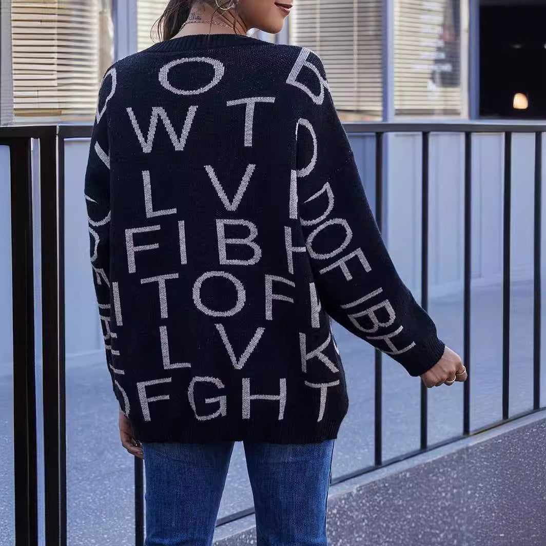 Damen Lässiger Oversized Pullover mit einem kreativen Schriftzug Drune