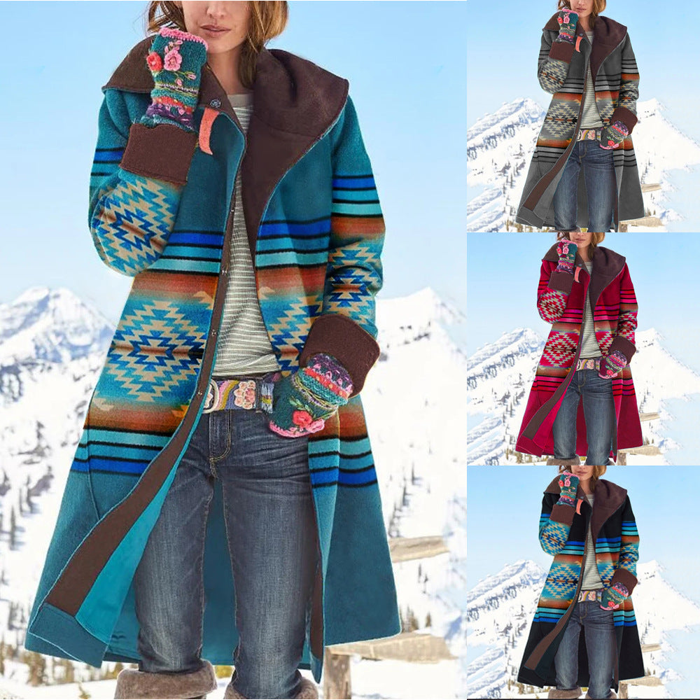 Damen Langer alpiner Mantel mit geometrischem Muster Drune