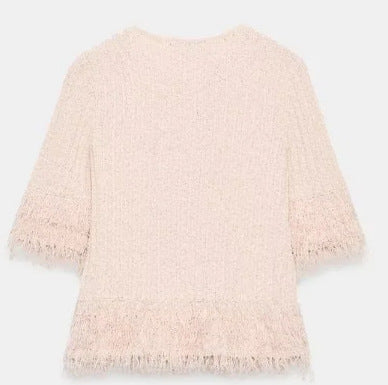 Damen Kurzarm Bouclé‑Cardigan mit Strukturstrick, Fransenbesatz und bezogenen Knöpfen Drune
