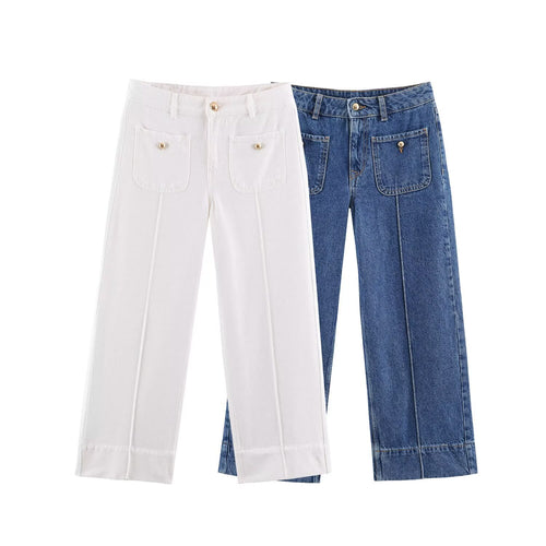 Damen Weite High‑Waist Jeans mit aufgesetzten Fronttaschen und Kantennaht Drune