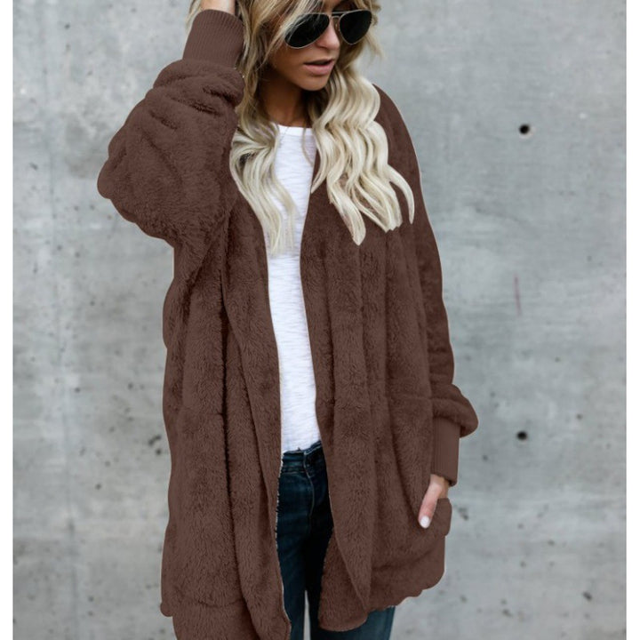 Damen Oversize Teddy‑Fleece‑Mantel mit offener Front, Eingrifftaschen und Rippbündchen Drune