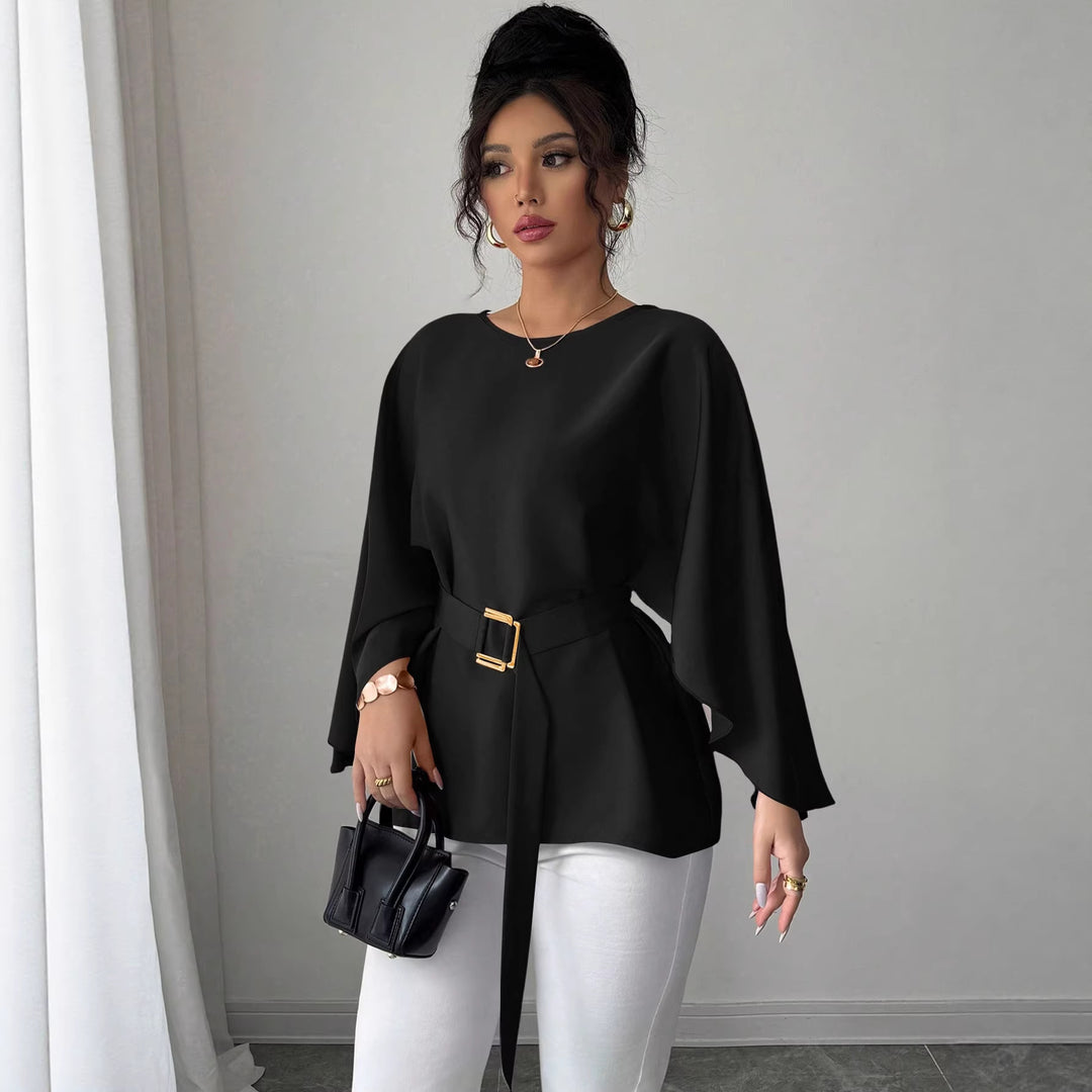 Damen Elegante Chiffon-Tunika mit Cape-Ärmeln und Taillengürtel Drune