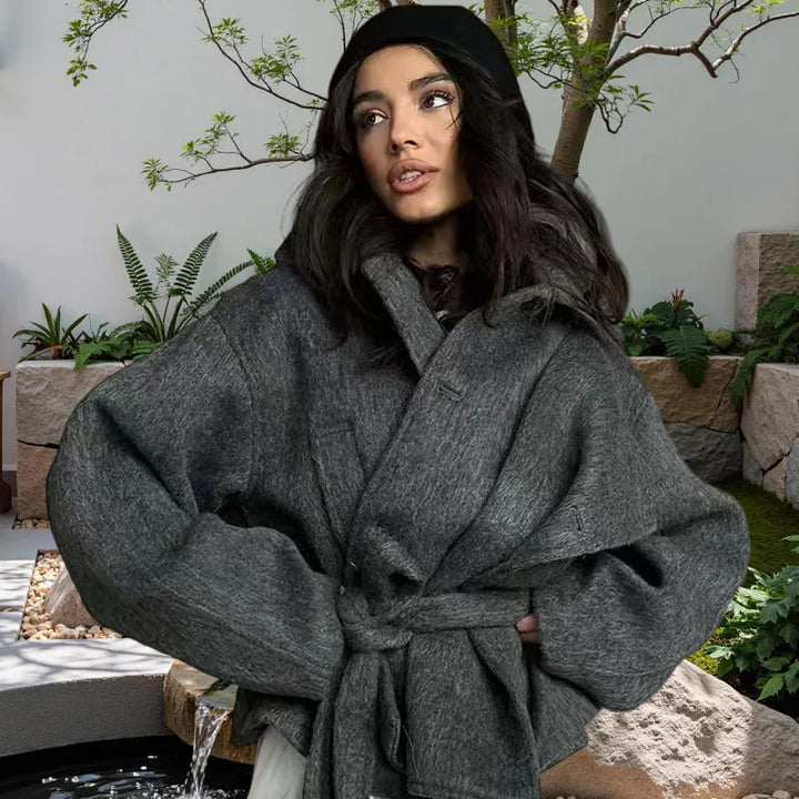Damen Oversized Wollmantel mit Gürtel Drune