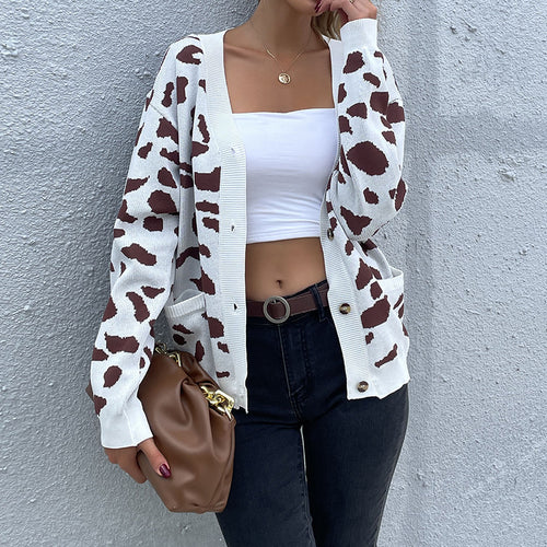 Damen Kurzgeschnittener V‑Ausschnitt Strickcardigan mit Animal‑Jacquard und Eingrifftaschen Drune