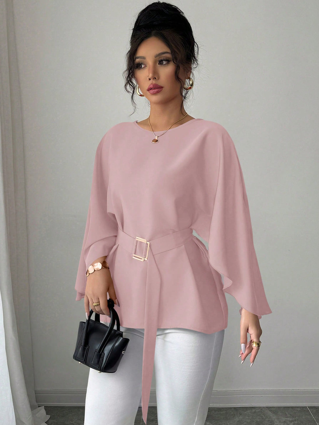 Damen Elegante Chiffon-Tunika mit Cape-Ärmeln und Taillengürtel Drune