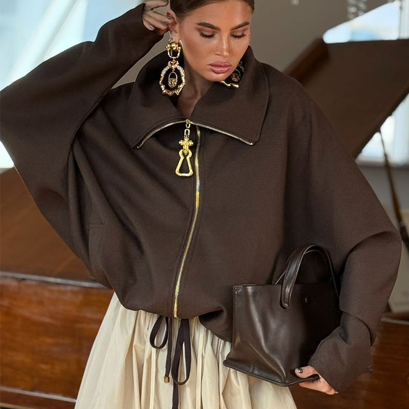 Damen Lässige Oversize-Jacke mit hohem Kragen und Reißverschluss Drune