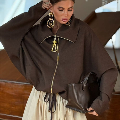 Damen Lässige Oversize-Jacke mit hohem Kragen und Reißverschluss Drune