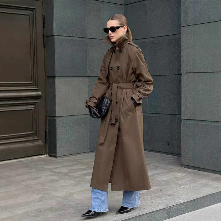 Damen Lang geschnittener wasserabweisender Trenchcoat mit hohem Stehkragen und Taillengürtel Drune