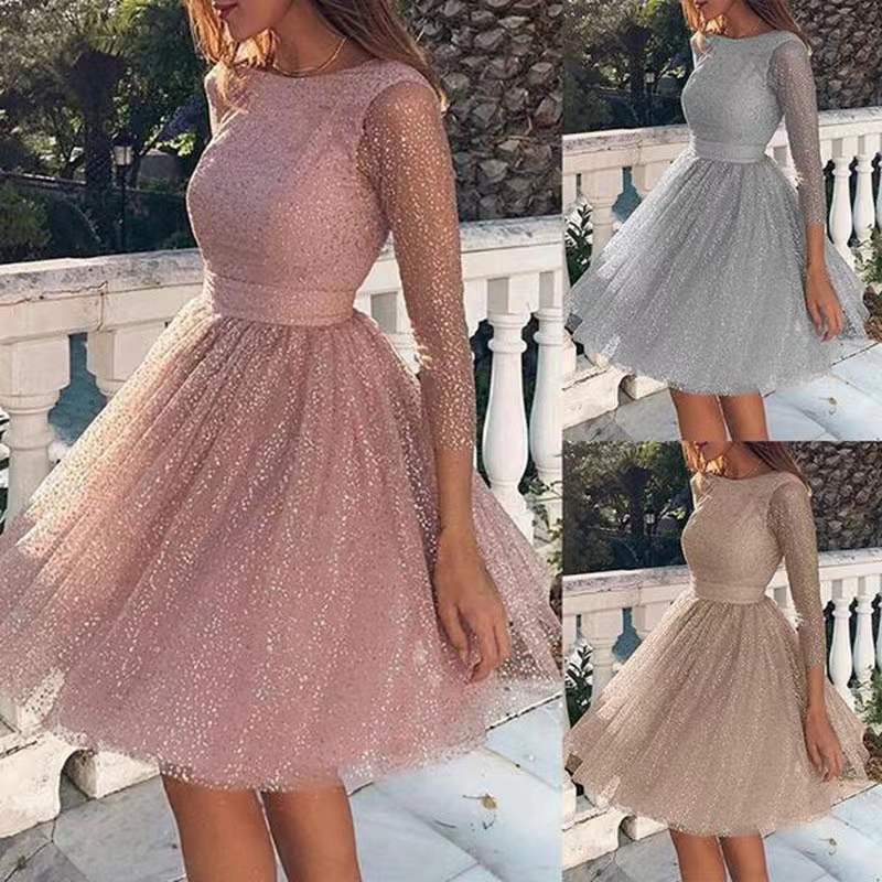 Damen Glitzerndes Tüllkleid mit Elegantem Schnitt und langen Ärmeln Drune
