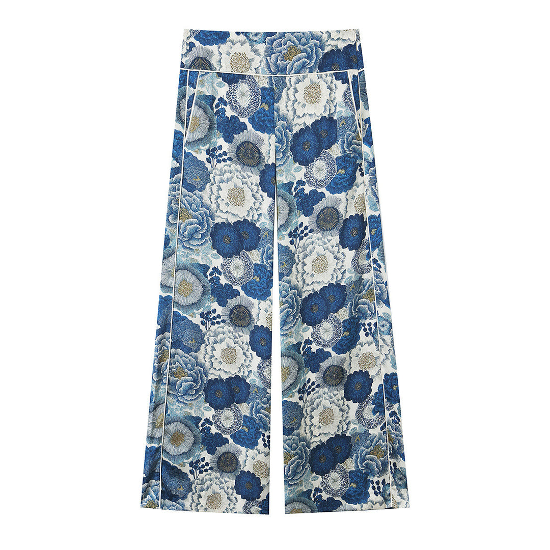 Damen Hochtaillierte weite Palazzohose mit floralem Jacquard-Print und Zierpaspeln Drune
