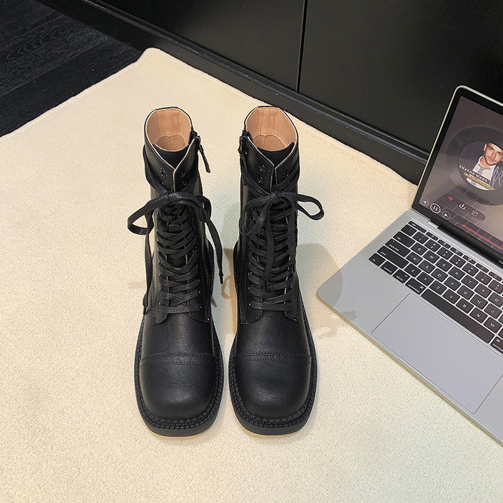Damen kniehohe Schnürstiefel mit Zier- und Verstellschnallen Drune