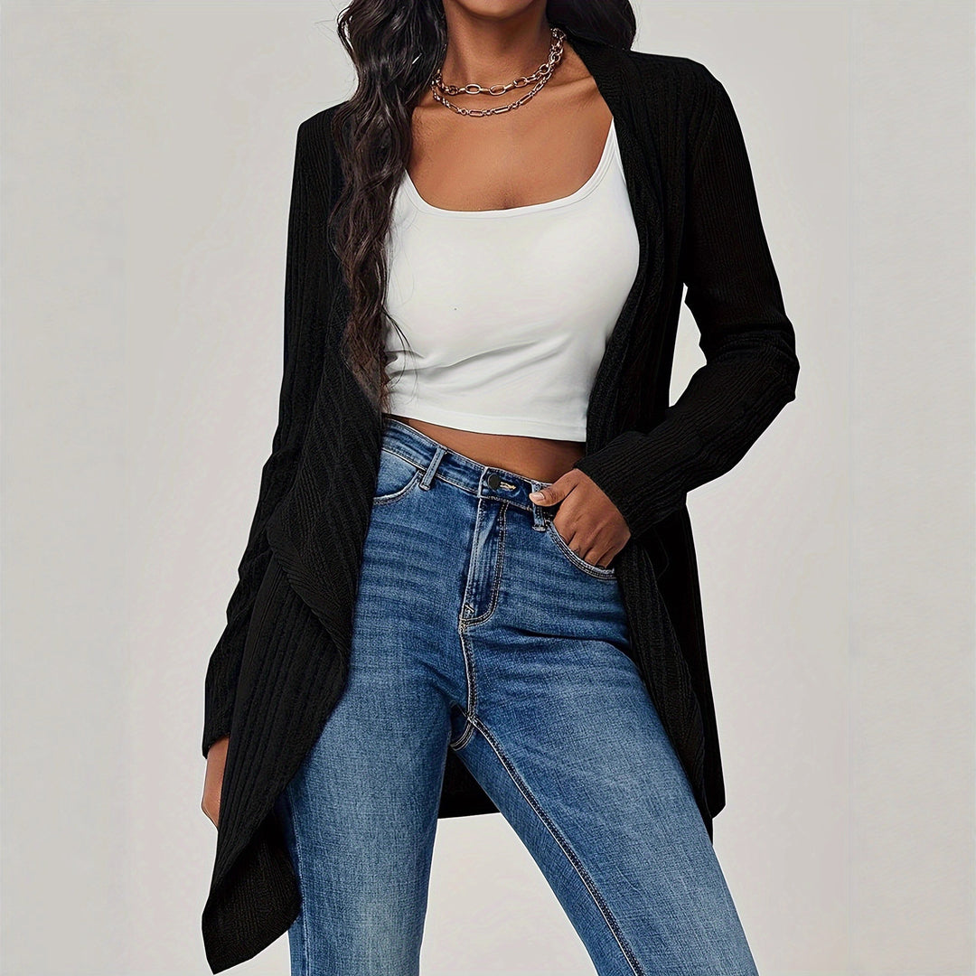 Damen Offener Rippstrick-Cardigan mit Wasserfallkragen Drune