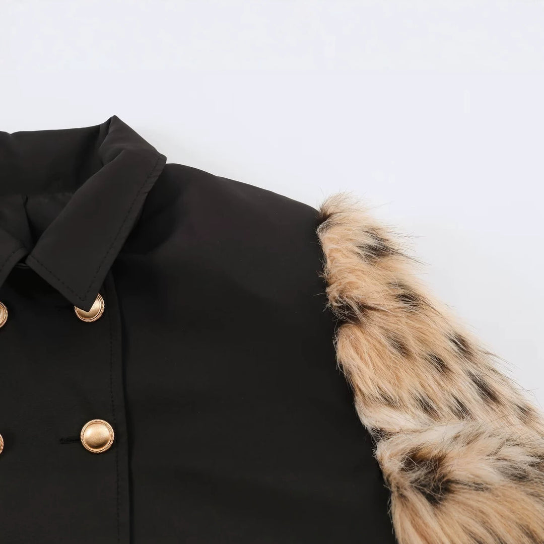 Damen Doppelreihige Kurzjacke mit Kunstfellärmeln Drune